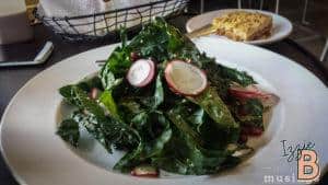 Vivid kale leaves topped with sliced radishes on a white plate, ideal for nutritious salads.